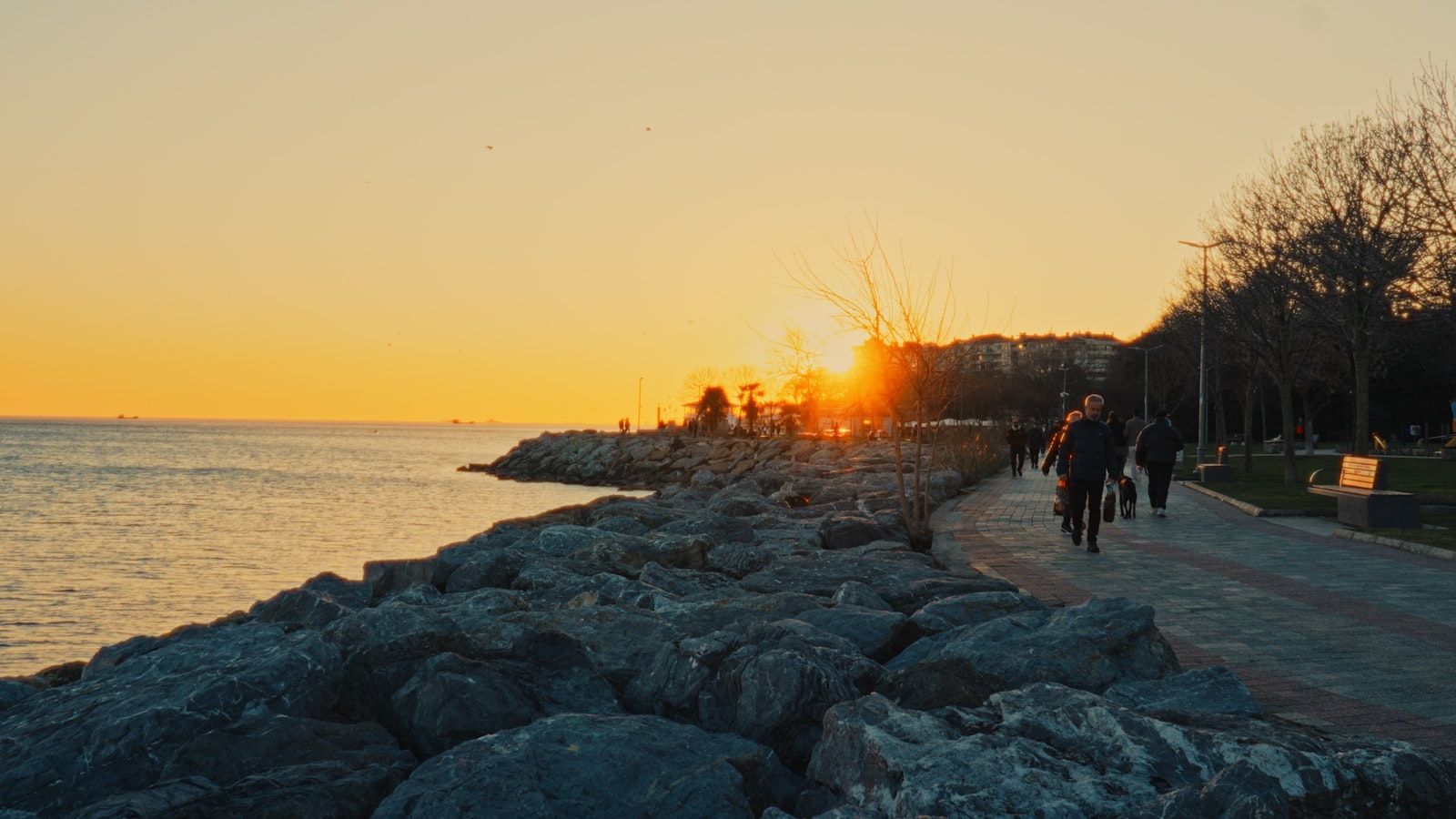 People walking along a waterfront at sunset
